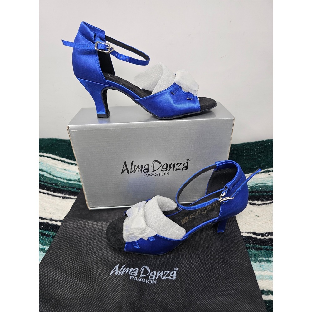 Alma Danza Passion Blue Satin Ballroom Dance Shoes Rhinestone Buckle Heels Sz 6
